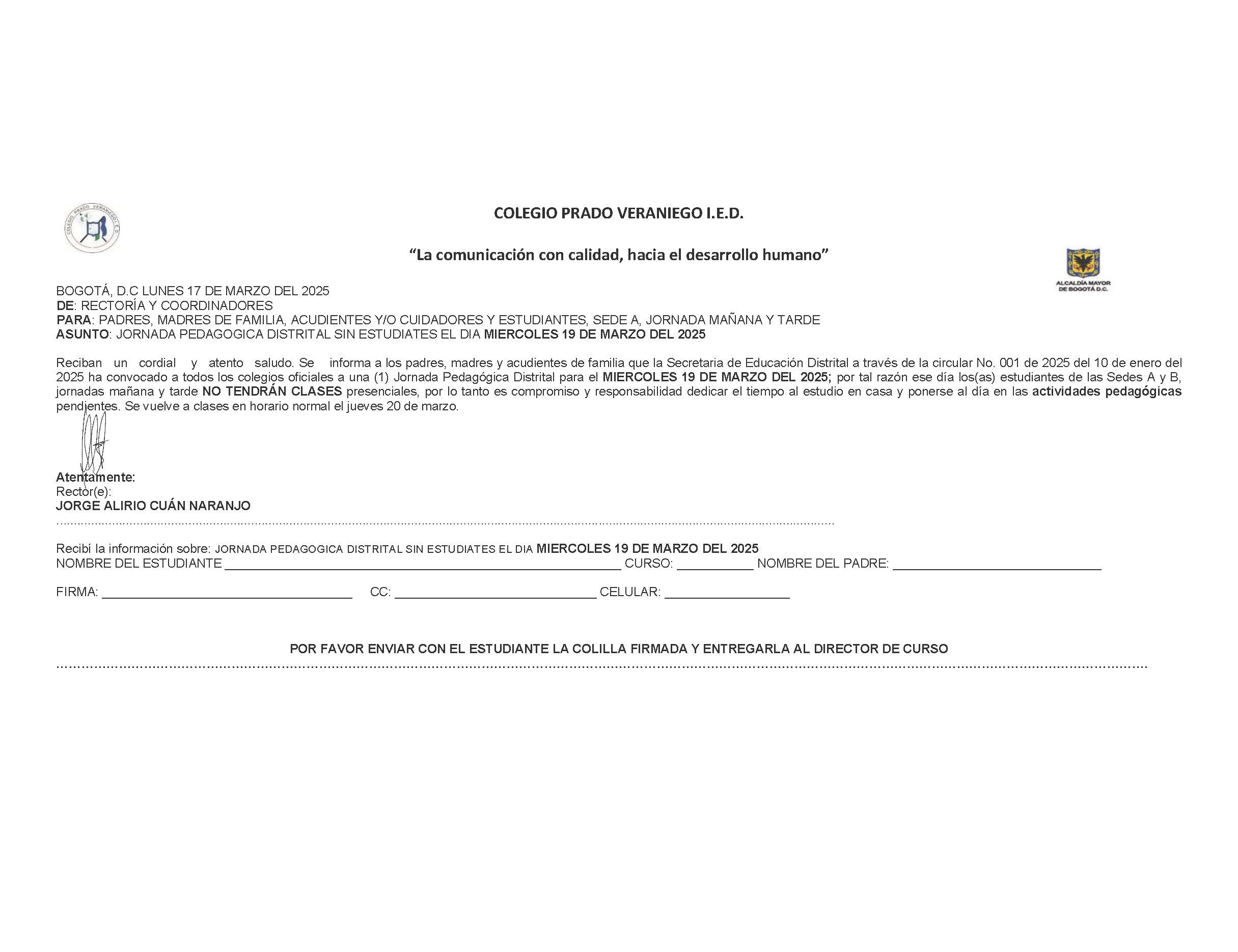 CIRCULAR INFORMATIVA JORNADAS PEDAGOGICAS 19 MARZO DEL 2025
