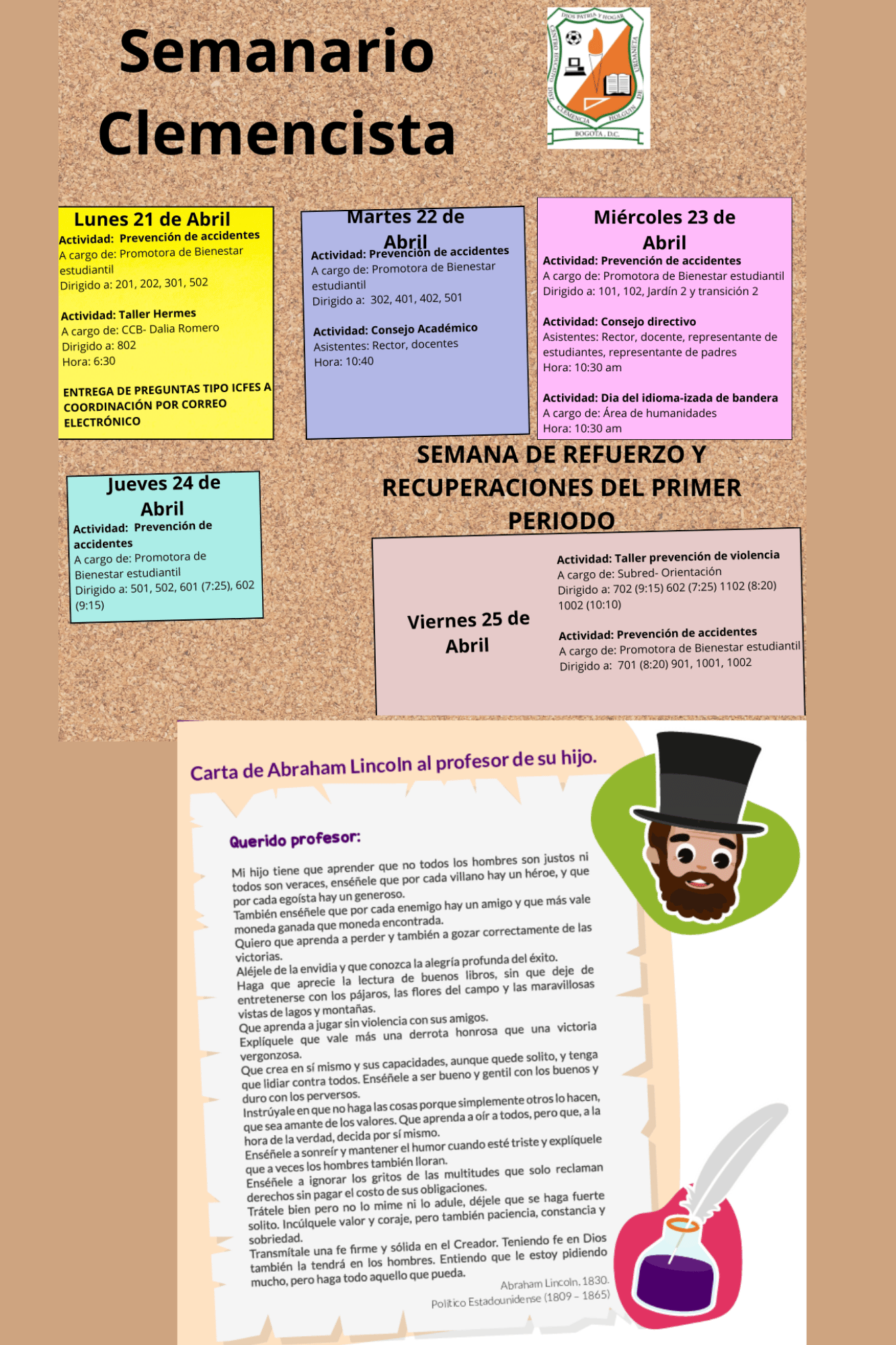 Boletín de actividades semanales del colegio Clemencia Holguín de Urdaneta I.E.D.