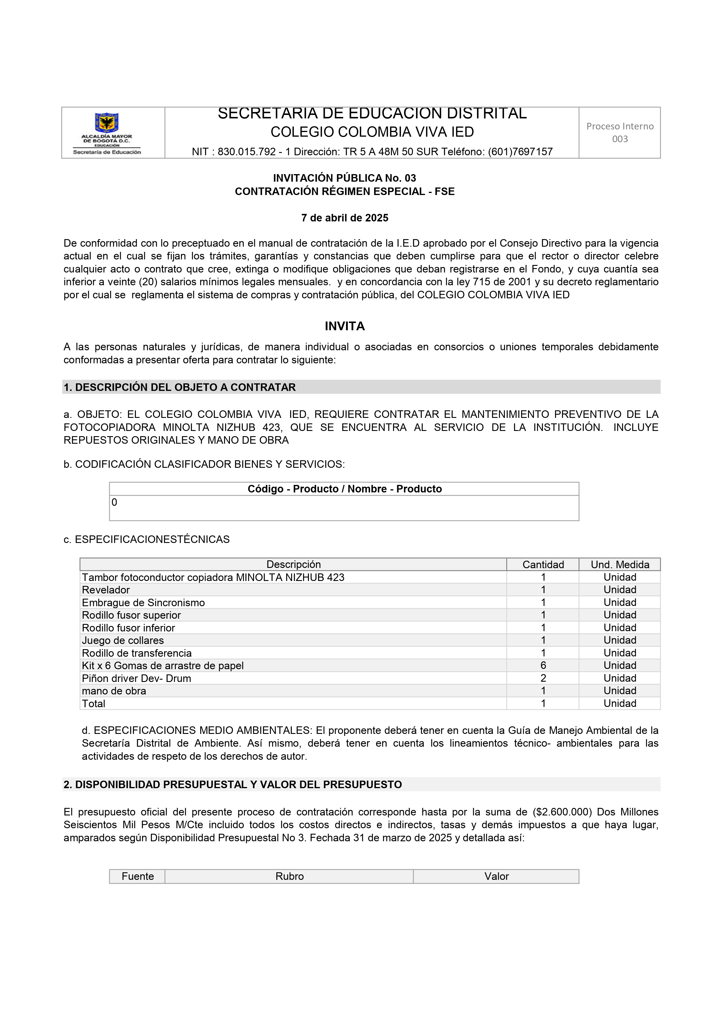 LLAMADO A OFERTAS MANTENIMIENTO FOTOCOPIADORA