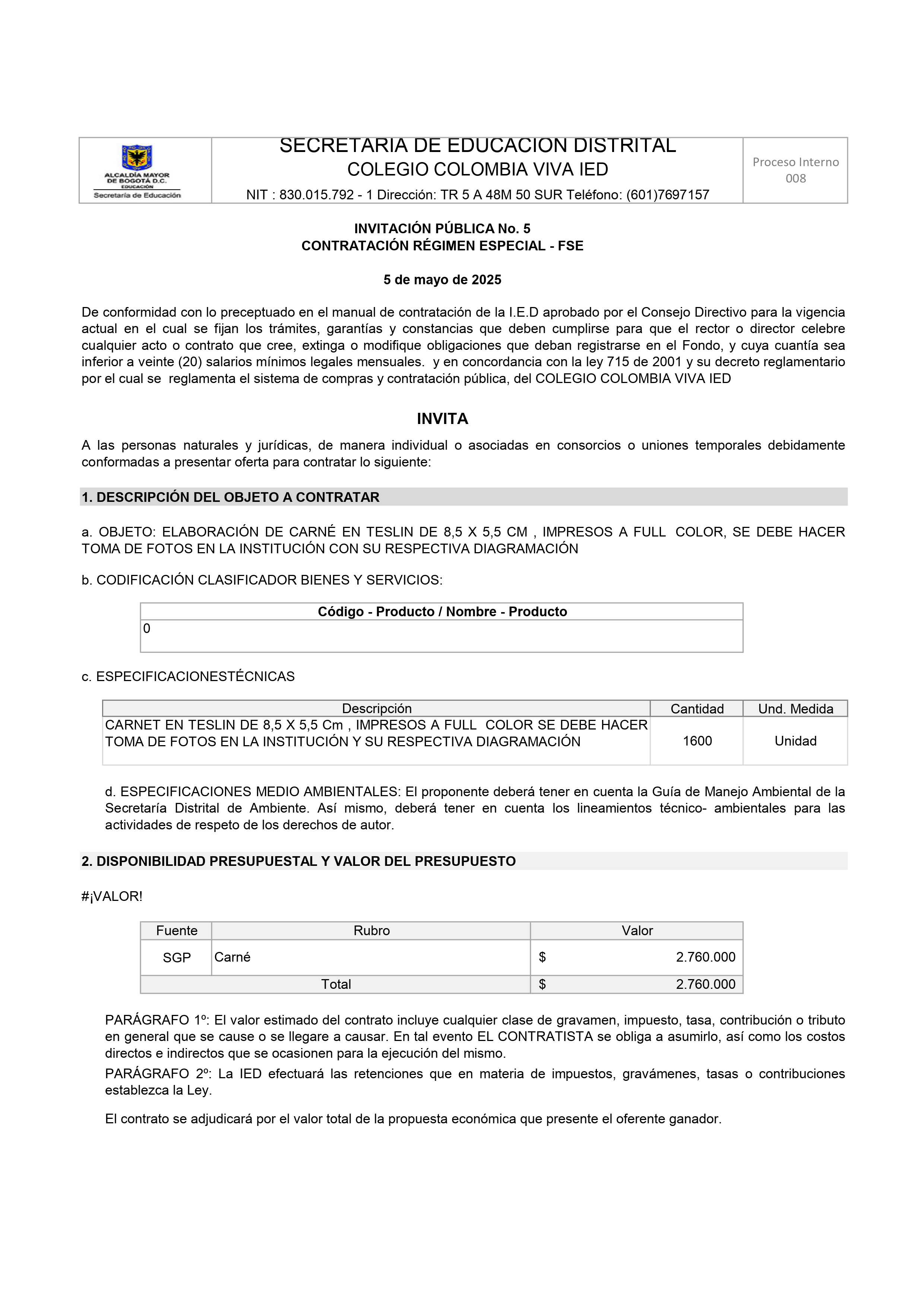 LLAMADO A OFERTAS CARNÉ INSTITUCIONAL