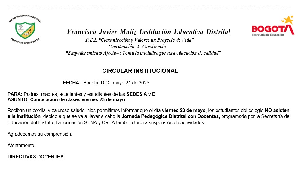 Circular Institucional Cancelación clases 23 de mayo 