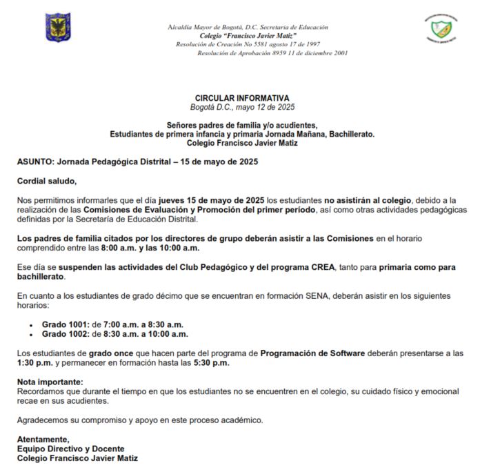 Jornada Pedagógica Distrital – 15 de mayo de 2025 