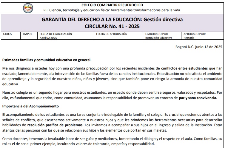 Circular sobre manejo de conflictos entre estudiantes
