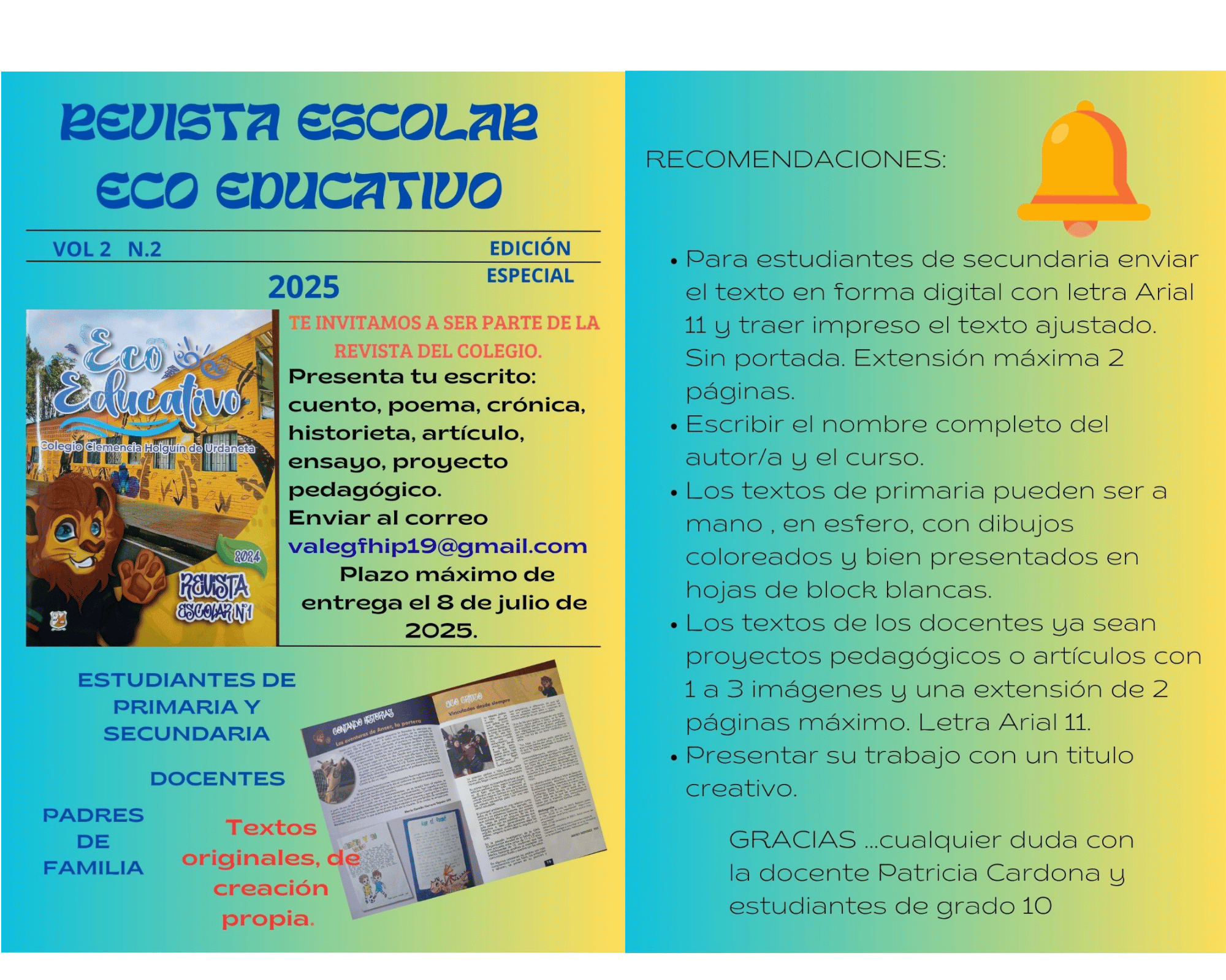 TE INVITAMOS A SER PARTE DE LA REVISTA DEL COLEGIO.