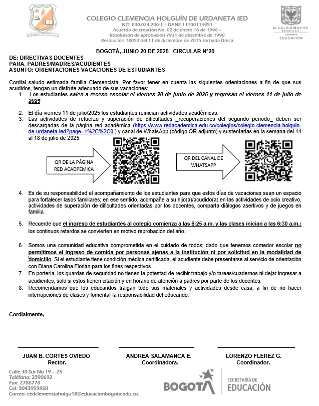 CIRCULAR INFORMATIVA RECESO Y REGRESO DE VACACIONES