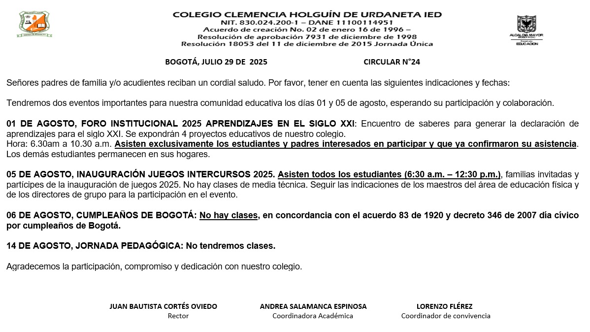CIRCULAR #24 ACTIVIDADES Y EVENTOS DE AGOSTO
