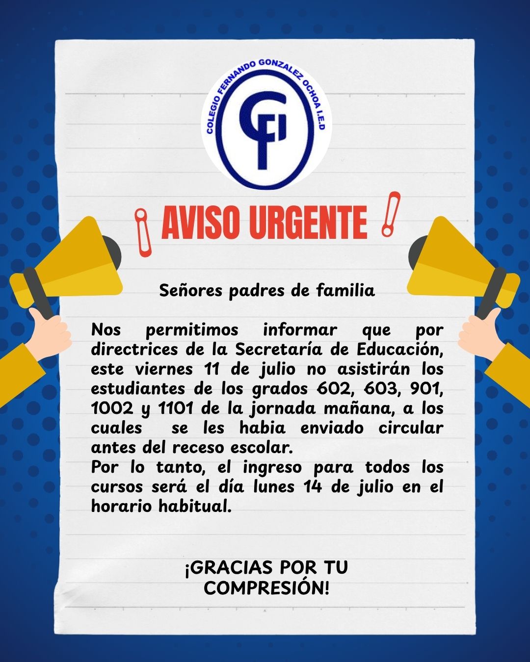 ¡AVISO URGENTE! JORNADA MAÑANA