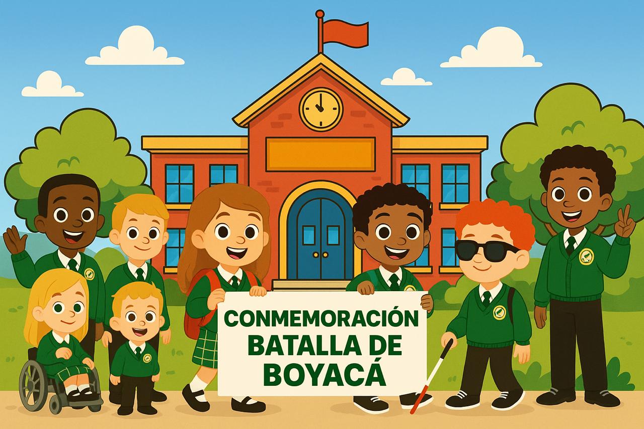 En la imagen aparece en el fondo un colegio y al frente los estudiantes que representan al Colegio Gran Yomasa con un cartel que conmemora la Batalla de Boyacá