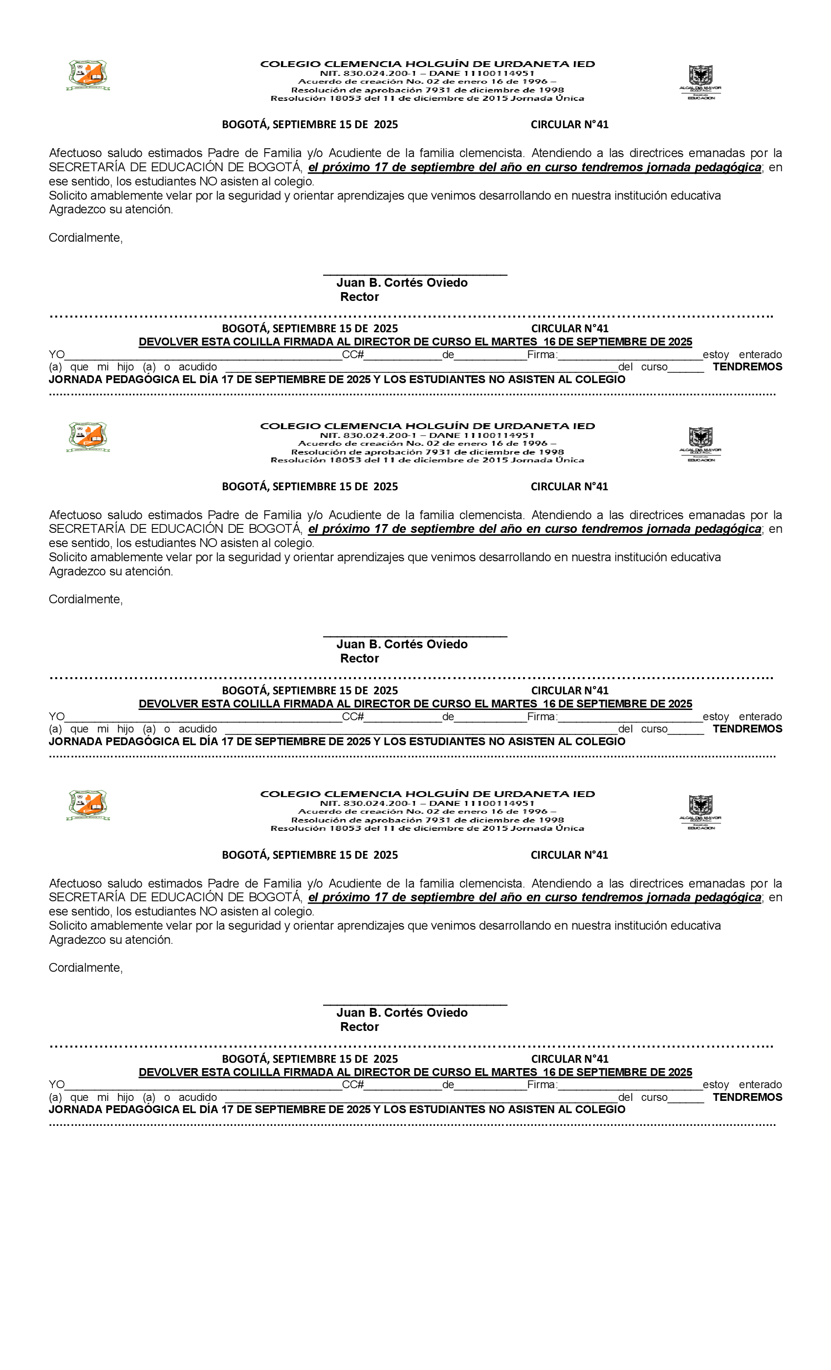 CIRCULAR 41 JORNADA PEDAGÓGICA 17 DE SEPTIEMBRE 