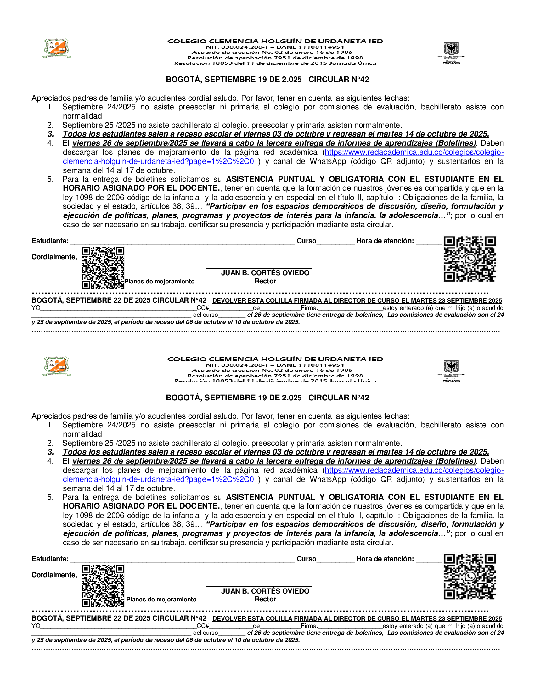 CIRCULAR 42 COMISIONES DE EVALUACIÓN, ENTREGA DE INFORMES ACADÉMMICOS Y PLANES DE MEJORAMIENTO 3 PERIODO