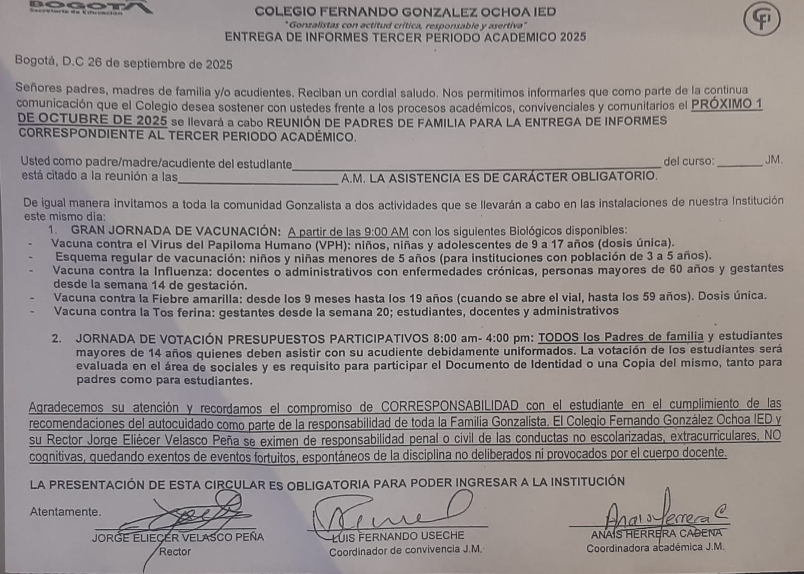 CIRCULAR ENTREGA D EINFORME ACADEMICO TERCER PERIODO 2025