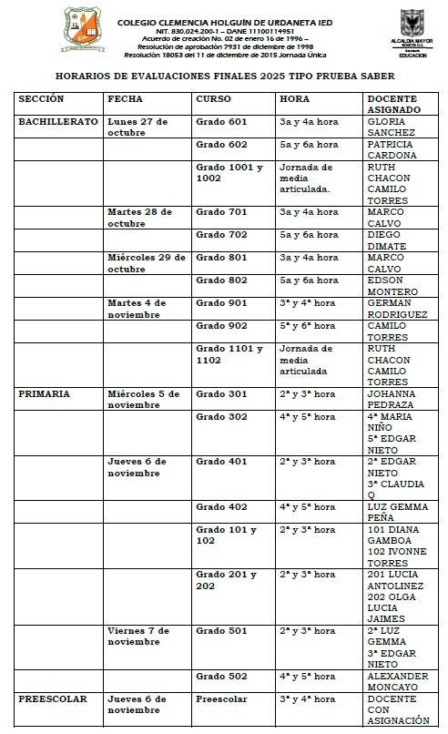 HORARIO DE EVALUACIONES FINALES PRUEBA SABER 2025