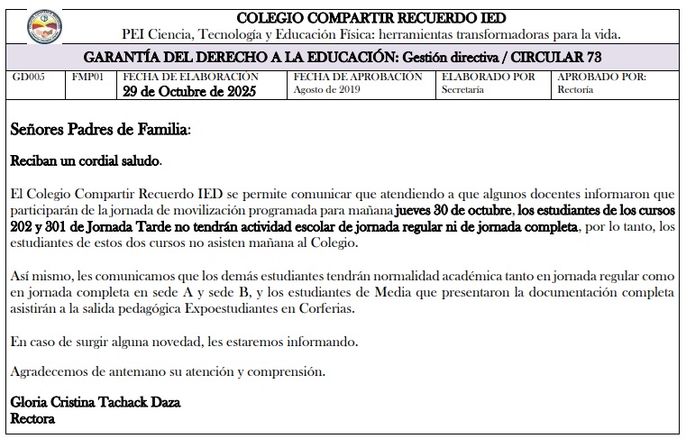 Circular sobre cambios en la jornada del 30 de octubre 2025