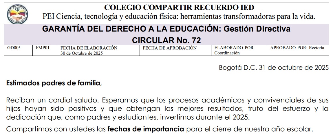 Circular cierre 2025 fechas, actividades, responsables y observaciones