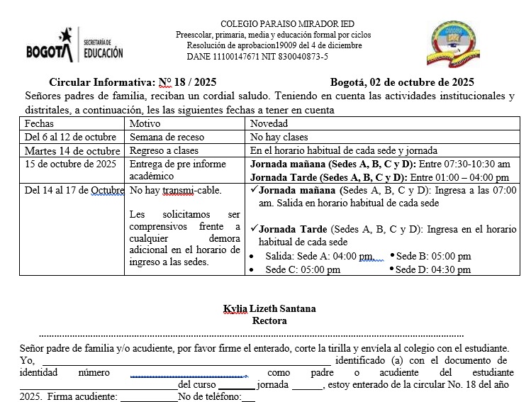 Circular receso Octubre 2025 y pre informe per 3