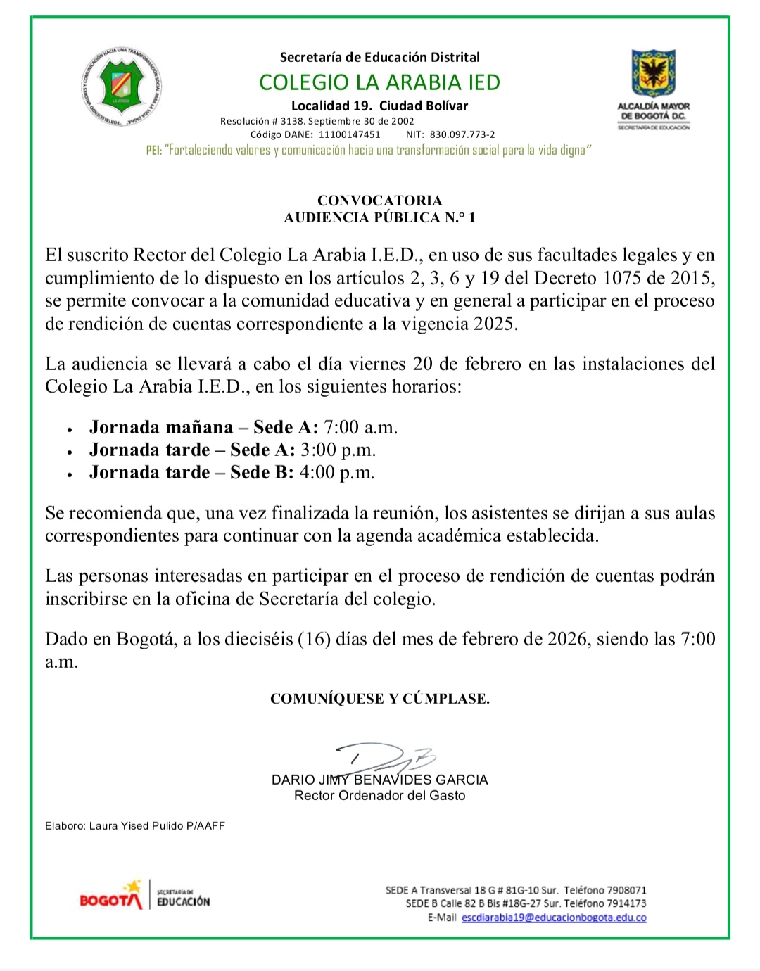 Convocatoria Febrero 20 de 2026