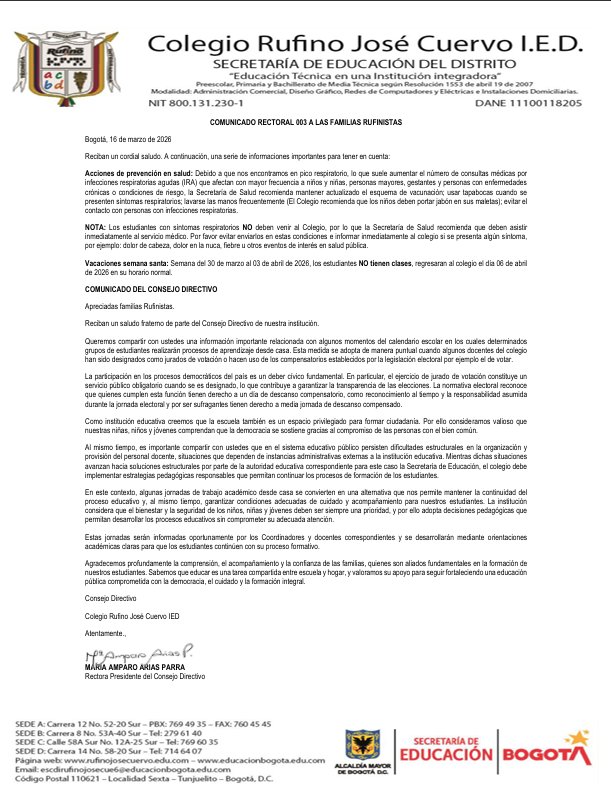 COMUNICADO RECTORAL 003 A LAS FAMILIAS RUFINISTAS 