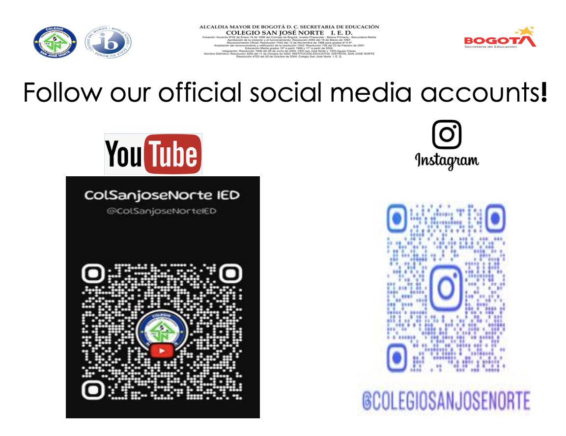 📲 ¡Conéctate con nuestra comunidad joseísta!  Te invitamos a seguirnos en nuestras redes sociales y ser parte activa de todo lo que vivimos en el Colegio San José Norte IED. A través de nuestro canal de YouTube y nuestra cuenta de Instagram, compartimos actividades, logros, eventos y experiencias que fortalecen nuestra comunidad educativa.  🎥 En YouTube podrás ver nuestros eventos y proyectos destacados. 📸 En Instagram encontrarás el día a día de nuestra institución.  ¡Únete, participa y mantente informa