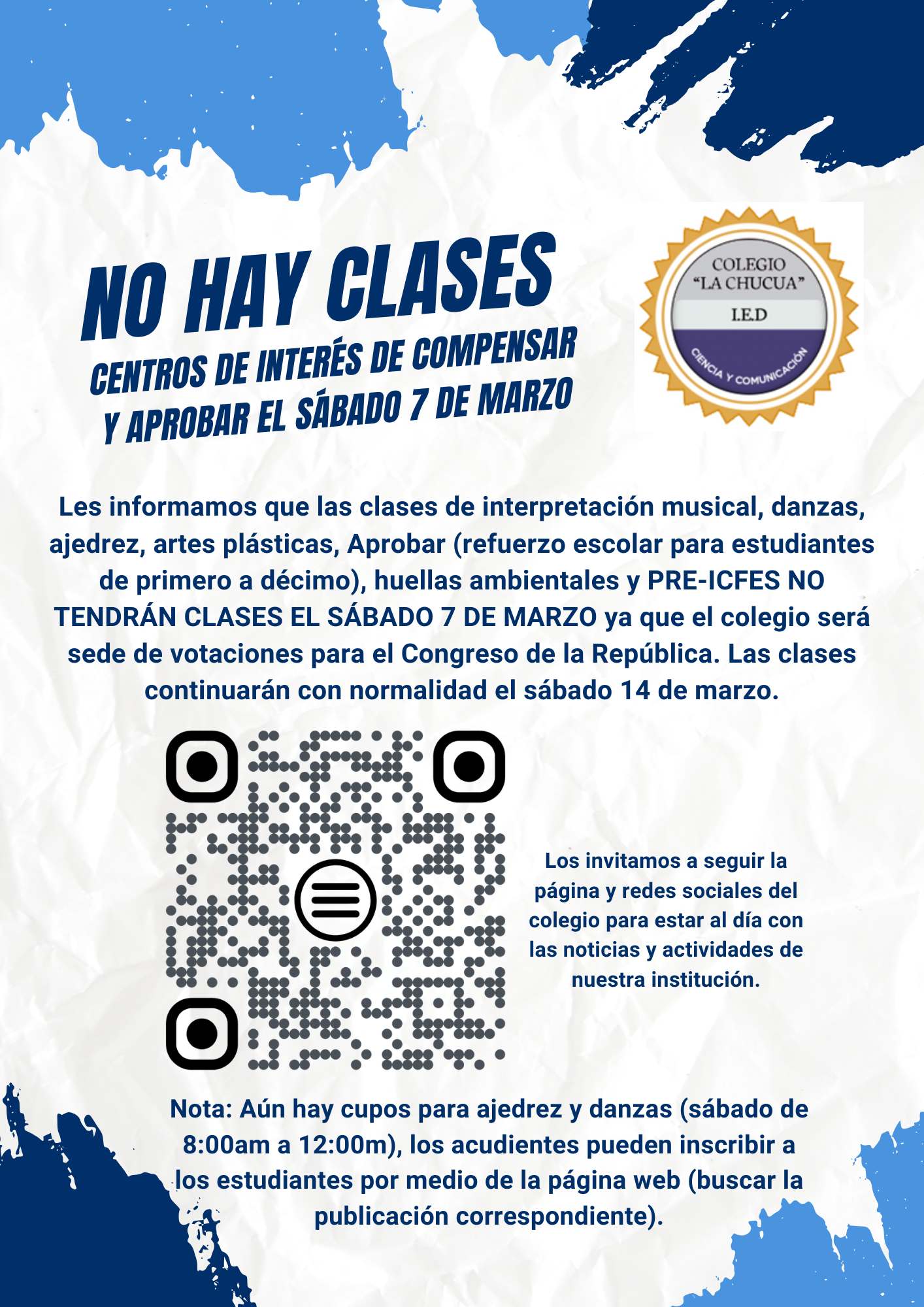 No hay clase sábado 7 de marzo e inscripciones JEC