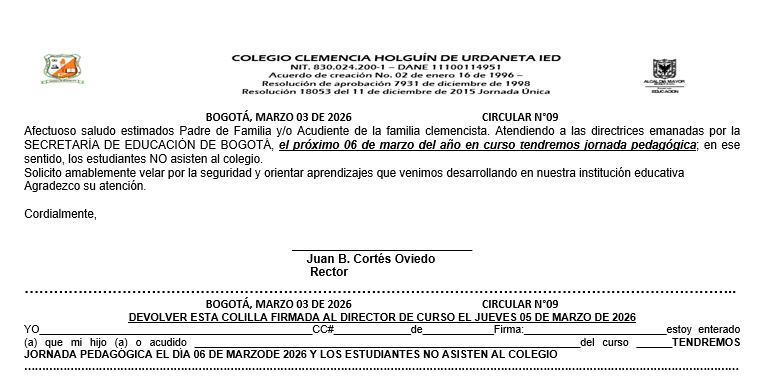 JORNADA PEDAGÓGICA VIERNES 6 DE MARZO DE 2026 Estudiantes de preescolar a grado once NO TIENEN CLASES.