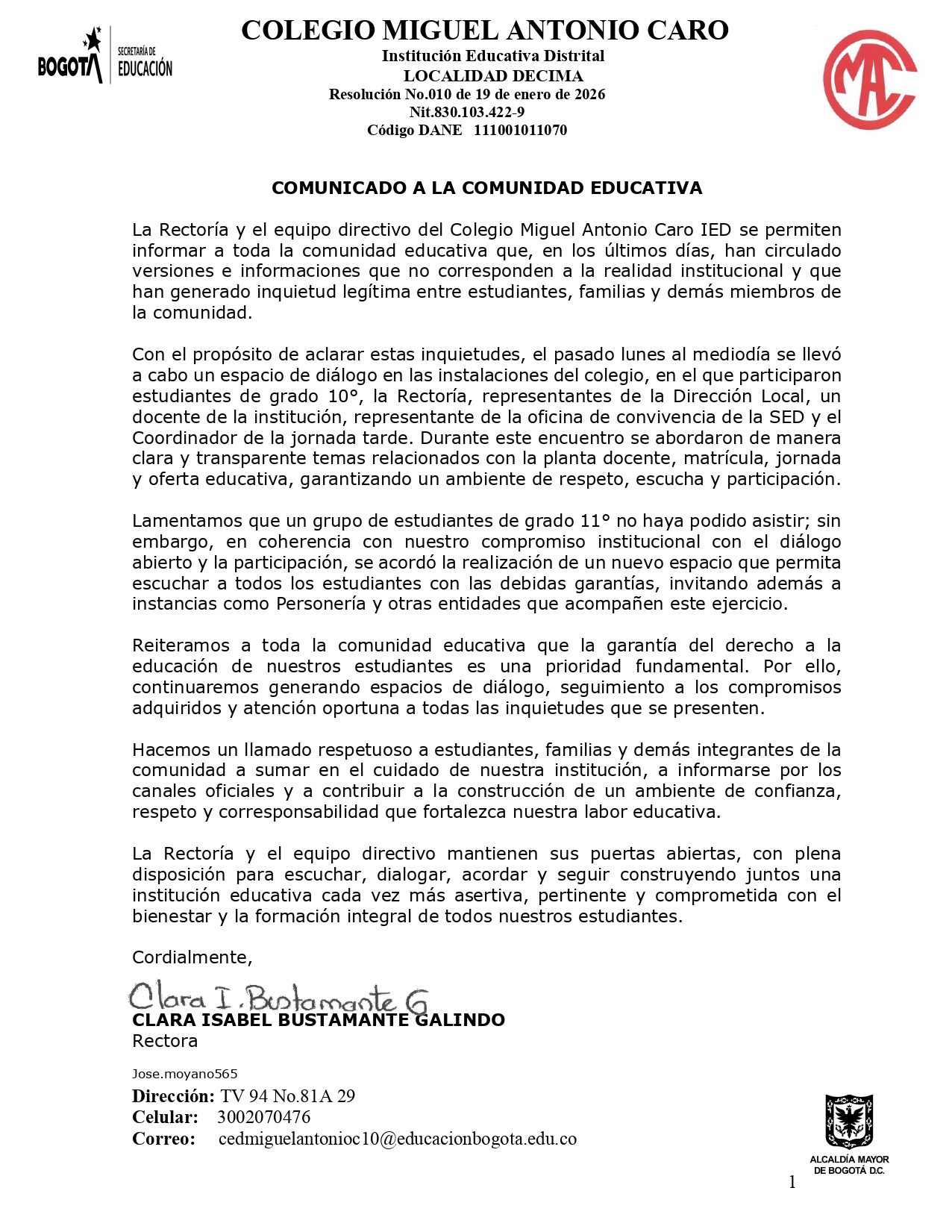 COMUNICADO A LA COMUNIDAD EDUCATIVA ABRIL 7 DE 2026