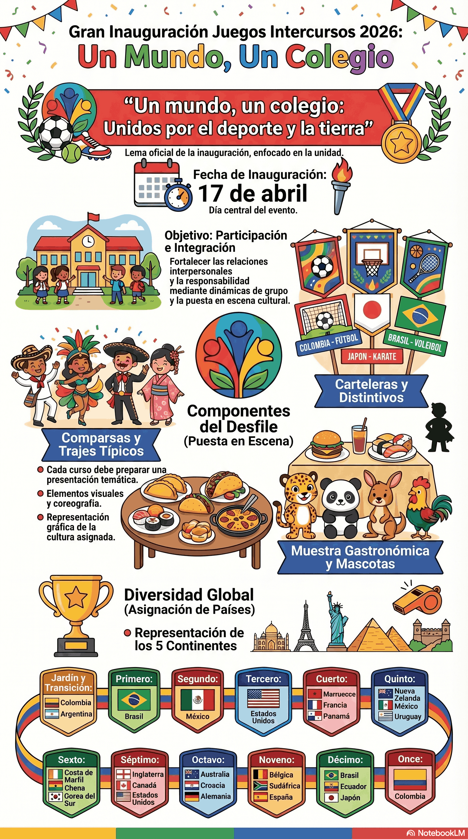 nfografía sobre la Inauguración de los Juegos Intercursos 2026 del colegio, bajo el lema: “Un mundo, un colegio: Unidos por el deporte y la tierra” . La imagen detalla que el evento será el 17 de abril e incluye los elementos principales del desfile: comparsas por niveles, trajes típicos, muestras de comida tradicional, mascotas y la representación de diversos países como Colombia, Brasil y México