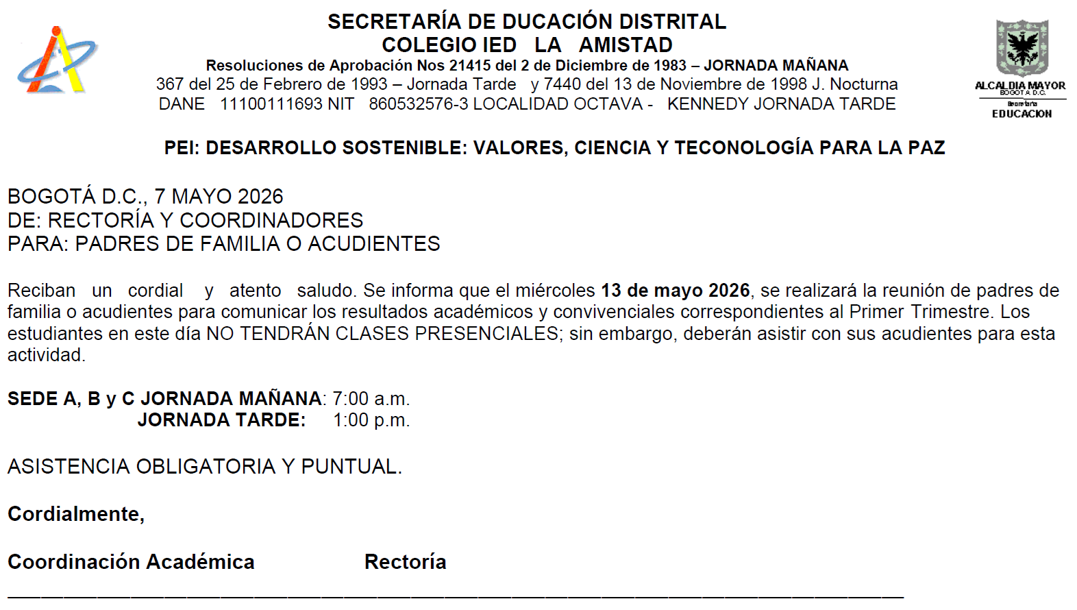 ENTREGA DE INFORMES ACADÉMICOS PRIMER TRIMESTRE 2026