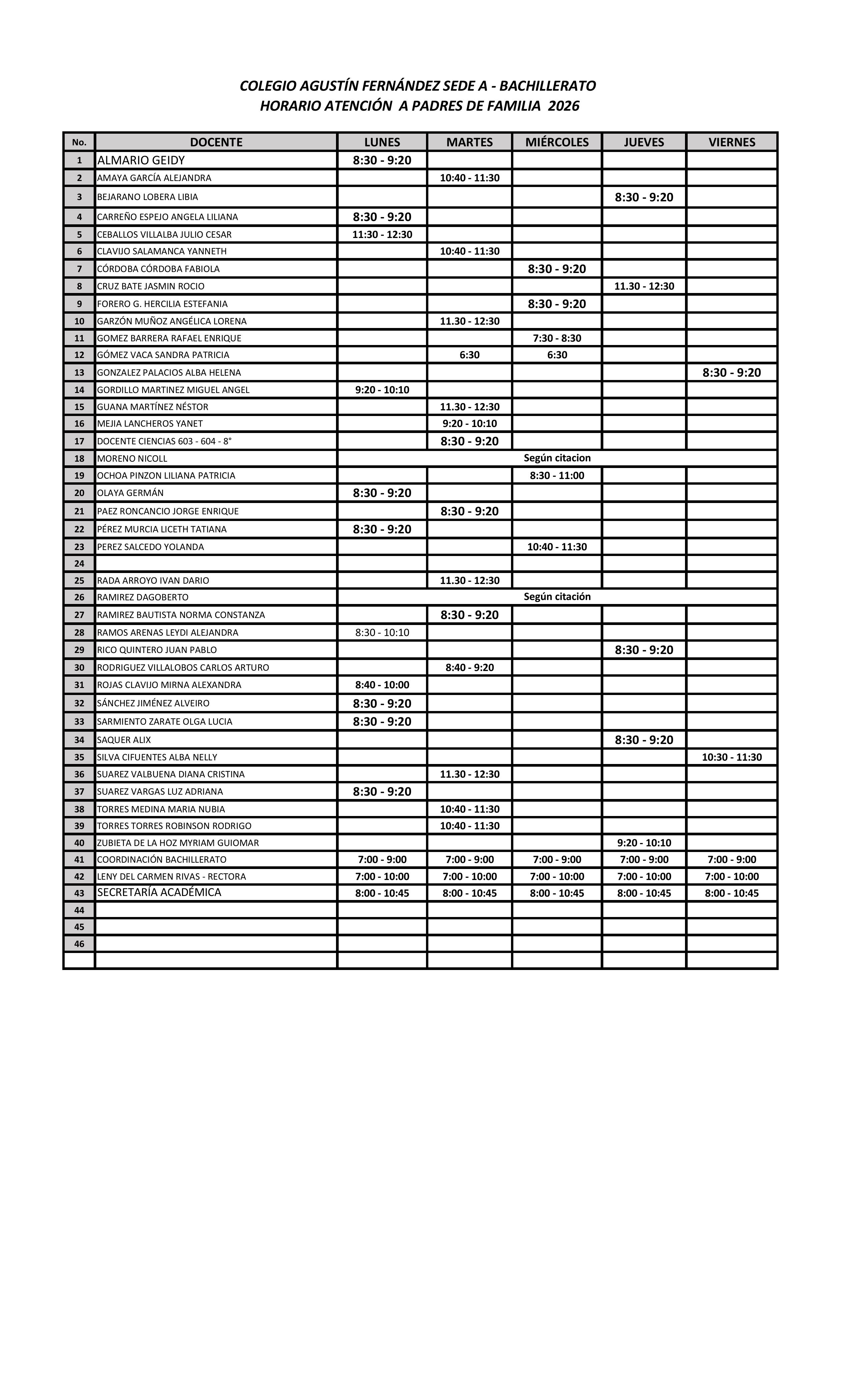 Horario Atención docentes 2026