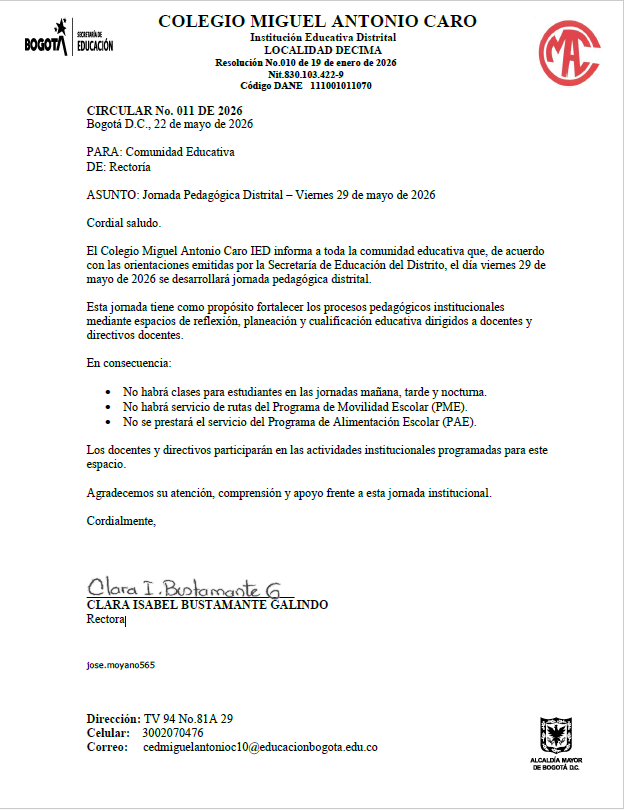 Circular No. 011 de 2026, mediante la cual se informa a la comunidad educativa sobre la realización de la jornada pedagógica distrital el día viernes 29 de mayo de 2026.