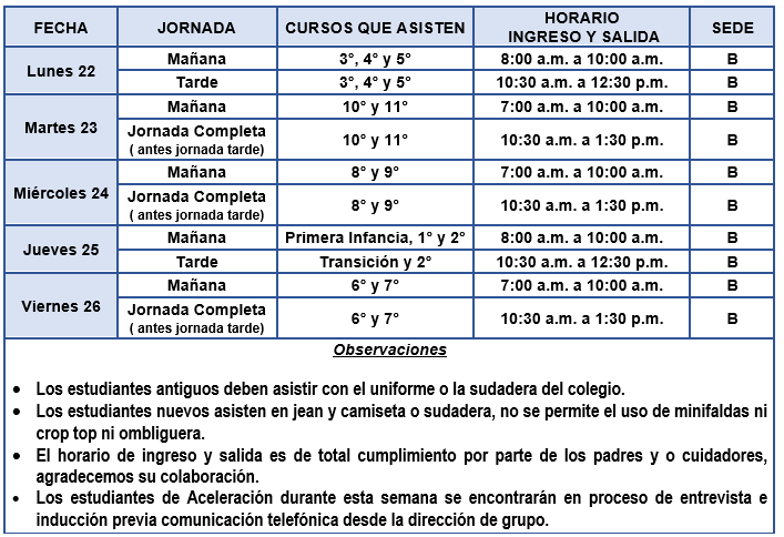 Horario de ingreso y salida semana del 22 al 26 de enero.
