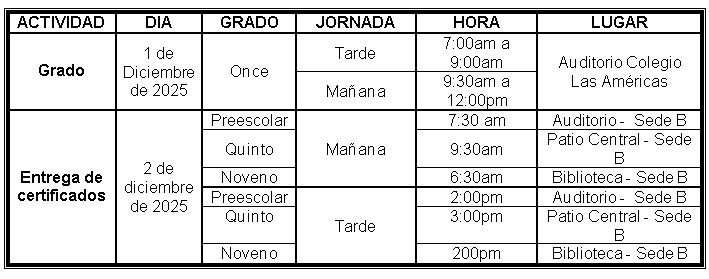 Cuadro con horarios y fechas