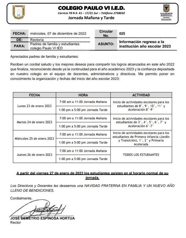 Circular inico de clases 2023