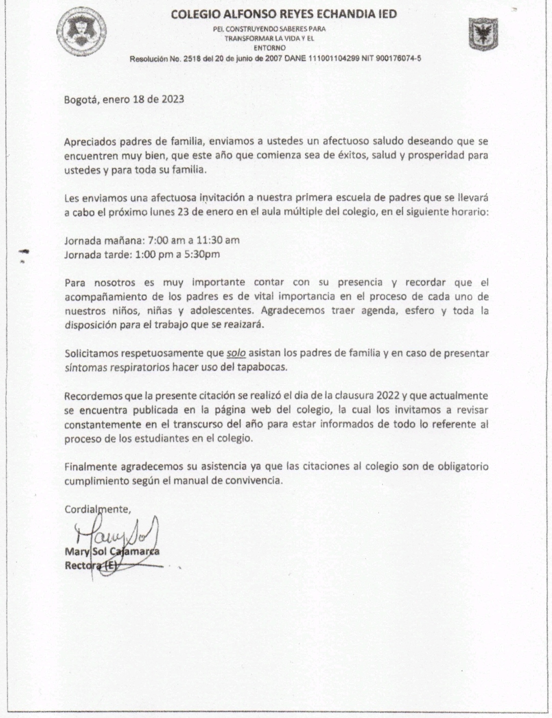 Circular inicio de año