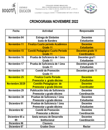 Cronograma Noviembre y Diciembre 2022