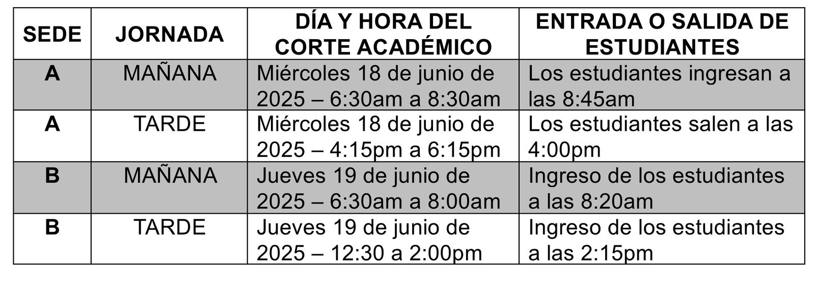 Imagen con horario corte academico